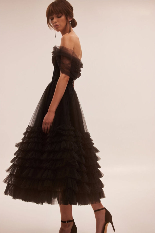 Cute one-shoulder frill-layered midi dress in black Milla Dresses - USA ...