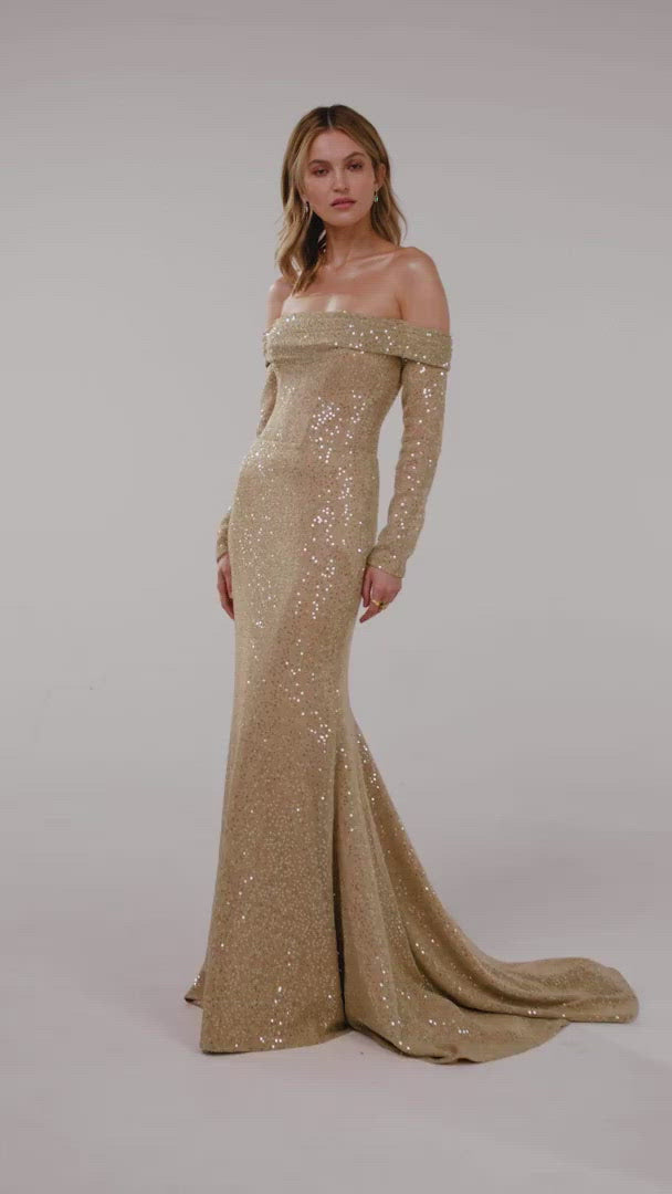 Golden Romantic off-the-shoulder sparkling long dress