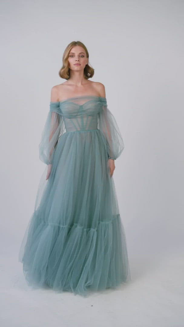 Ocean Wave Sheer Sleeves Maxi Tulle Dress