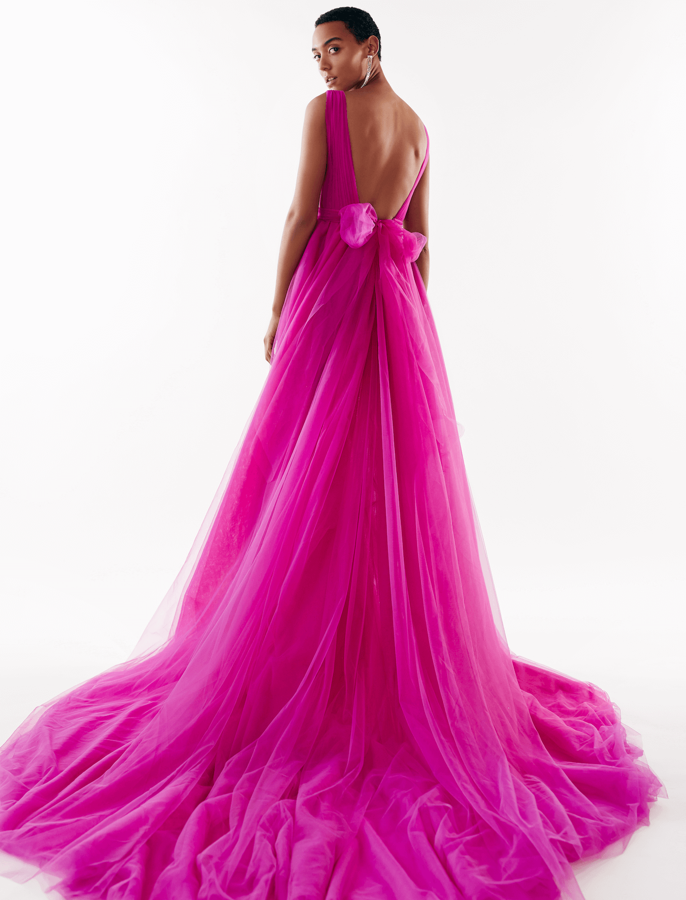 Fuchsia Bow Back Maxi Evening Tulle Dress