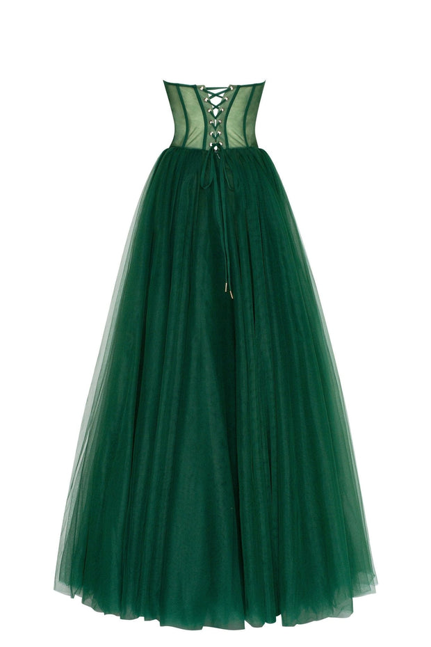Emerald Green Tulle Maxi Dress with a Corset Bustier - Milla