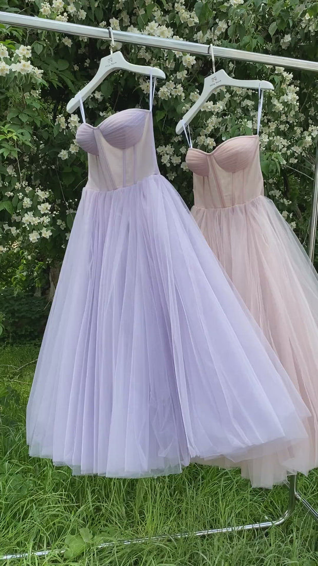 Lavender Strapless Puffy Midi Tulle Dress