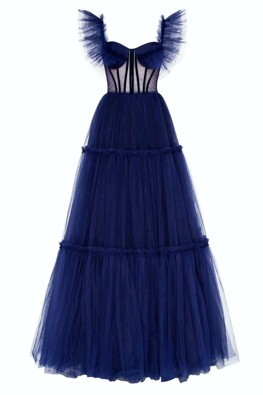 Cap Sleeved Top Blue A-line Tulle Maxi See Through Sheer Prom Dress