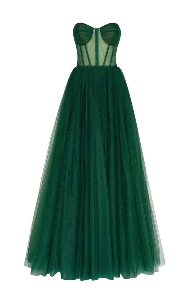 Emerald Green Tulle Maxi Dress with a Corset Bustier - Milla